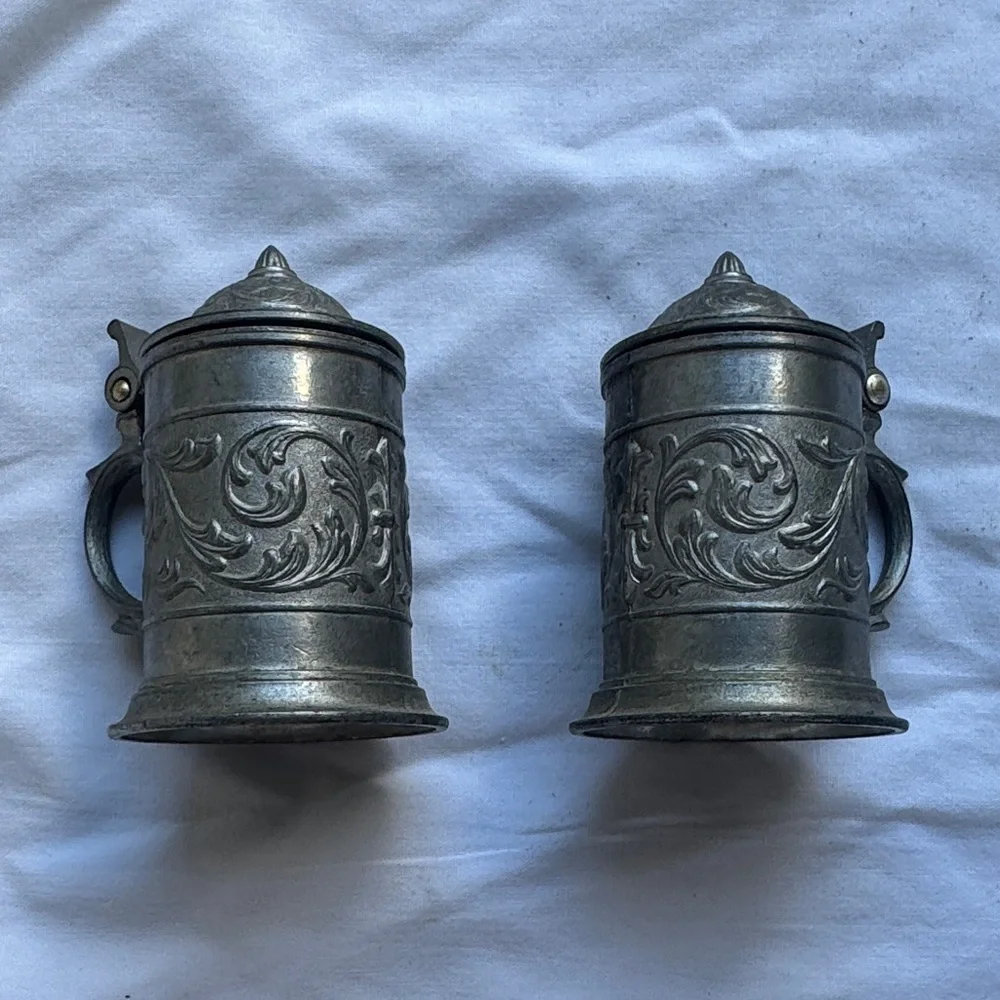 Vintage Miniature Pewter Steins Set of 2 95% SKS ZINN Lidded Beer Mugs 2.5